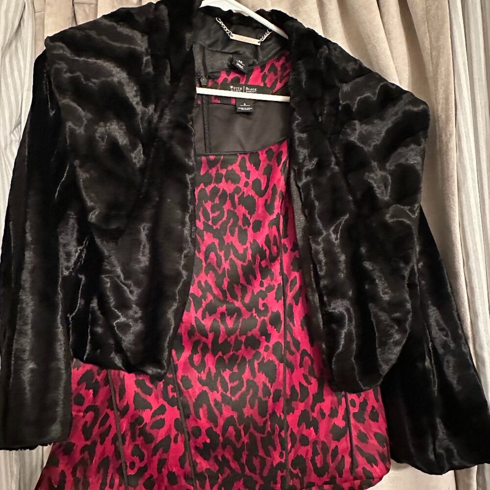 WHBM Faux Fur Plush Teddy Jacket with Red and Black Leppard